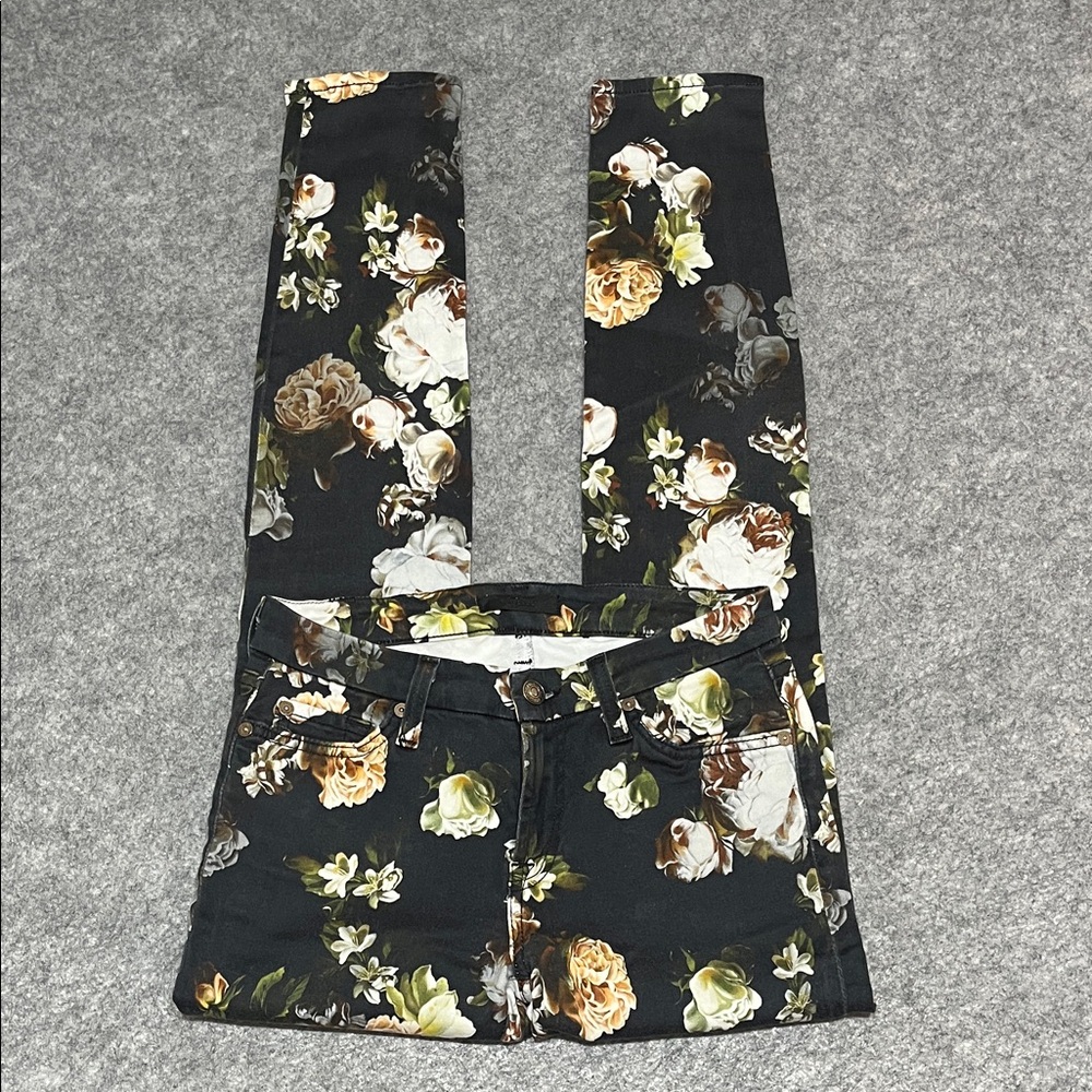 7 For All Mankind Black Floral Button Skinny Jeans